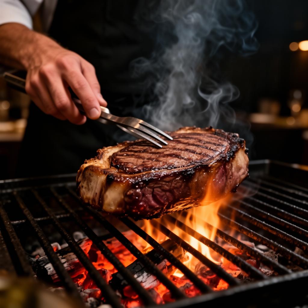 Chef preparando carne premium a la parrilla